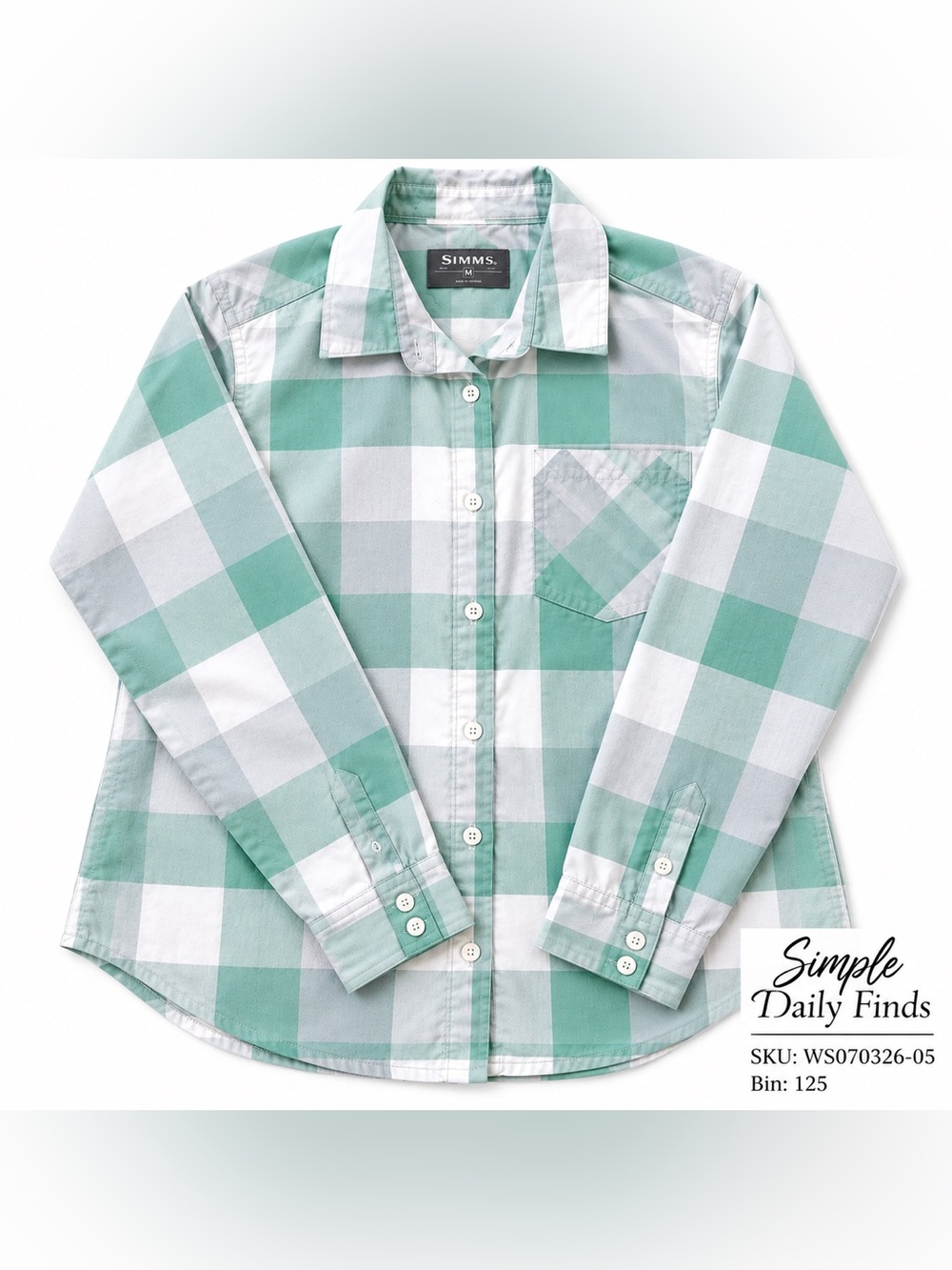 Simms Women’s M Plaid Fishing Shirt Button Up Outdoor Hiking Green